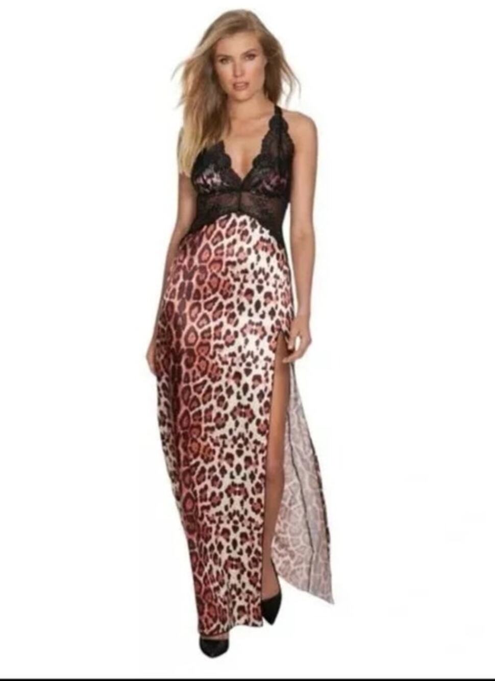 Fredericks of Hollywood Rosalina Rose Leopard Lace & Satin Nightgown and Thong-S